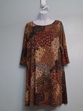MSK Size XL Petite Women's Brown,Rust Paisley Printed Elbow Slevees dress.